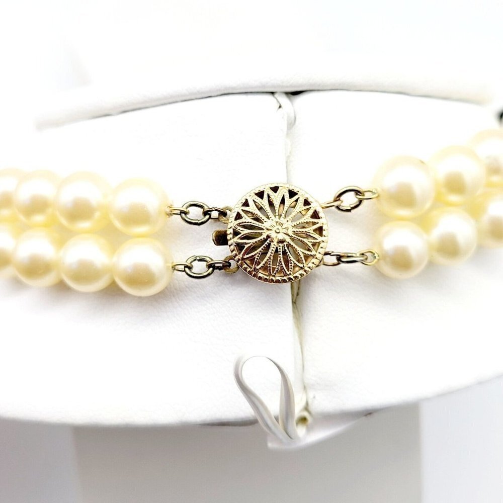 Vtg Glass Faux Pearl Black Beaded Necklace 14/20 Gold Filled Clasp Double Strand - Picture 6 of 9